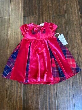 Biscotti Velvet Plaid Bow Dress - Bright Pink & Navy